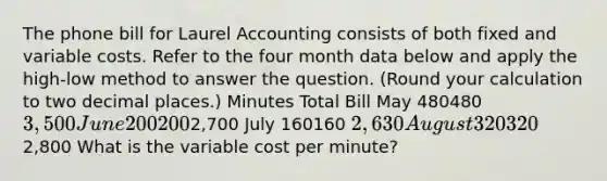 The phone bill for Laurel Accounting consists of both fixed and variable costs. Refer to the four month data below and apply the​ high-low method to answer the question.​ (Round your calculation to two decimal​ places.) Minutes Total Bill May 480480 3,500 June 2002002,700 July 160160 2,630 August 3203202,800 What is the variable cost per​ minute?