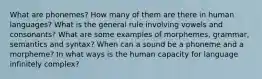 What are phonemes? How many of them are there in human languages? What is the general rule involving vowels and consonants? What are some examples of morphemes, grammar, semantics and syntax? When can a sound be a phoneme and a morpheme? In what ways is the human capacity for language infinitely complex?