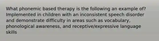 What phonemic based therapy is the following an example of? Implemented in children with an inconsistent speech disorder and demonstrate difficulty in areas such as vocabulary, phonological awareness, and receptive/expressive language skills