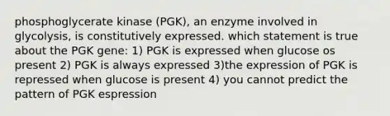 phosphoglycerate kinase (PGK), an enzyme involved in glycolysis, is constitutively expressed. which statement is true about the PGK gene: 1) PGK is expressed when glucose os present 2) PGK is always expressed 3)the expression of PGK is repressed when glucose is present 4) you cannot predict the pattern of PGK espression