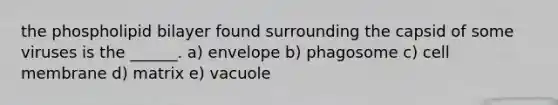 the phospholipid bilayer found surrounding the capsid of some viruses is the ______. a) envelope b) phagosome c) cell membrane d) matrix e) vacuole