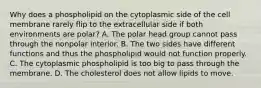 Why does a phospholipid on the cytoplasmic side of the cell membrane rarely flip to the extracellular side if both environments are polar? A. The polar head group cannot pass through the nonpolar interior. B. The two sides have different functions and thus the phospholipid would not function properly. C. The cytoplasmic phospholipid is too big to pass through the membrane. D. The cholesterol does not allow lipids to move.