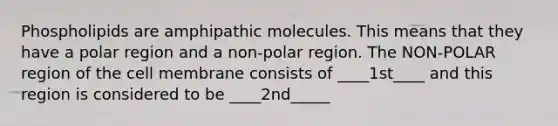 Phospholipids are amphipathic molecules. This means that they have a polar region and a non-polar region. The NON-POLAR region of the cell membrane consists of ____1st____ and this region is considered to be ____2nd_____