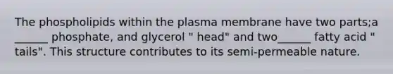 The phospholipids within the plasma membrane have two parts;a ______ phosphate, and glycerol " head" and two______ fatty acid " tails". This structure contributes to its semi-permeable nature.