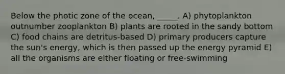 Below the photic zone of the ocean, _____. A) phytoplankton outnumber zooplankton B) plants are rooted in the sandy bottom C) food chains are detritus-based D) primary producers capture the sun's energy, which is then passed up the energy pyramid E) all the organisms are either floating or free-swimming