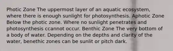 Photic Zone The uppermost layer of an aquatic ecosystem, where there is enough sunlight for photosynthesis. Aphotic Zone Below the photic zone. Where no sunlight penetrates and photosynthesis ccannot occur. Benthic Zone The very bottom of a body of water. Depending on the depths and clarity of the water, benethic zones can be sunlit or pitch dark.