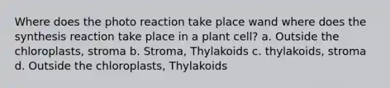 Where does the photo reaction take place wand where does the synthesis reaction take place in a plant cell? a. Outside the chloroplasts, stroma b. Stroma, Thylakoids c. thylakoids, stroma d. Outside the chloroplasts, Thylakoids