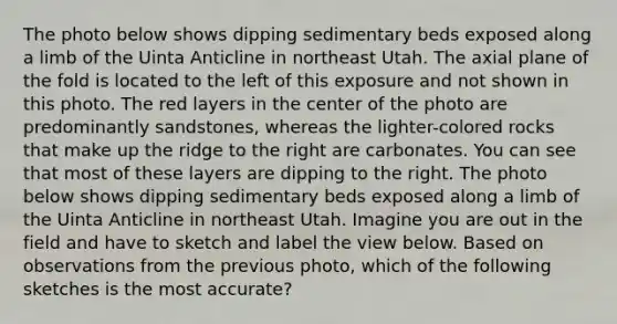 The photo below shows dipping sedimentary beds exposed along a limb of the Uinta Anticline in northeast Utah. The axial plane of the fold is located to the left of this exposure and not shown in this photo. The red layers in the center of the photo are predominantly sandstones, whereas the lighter-colored rocks that make up the ridge to the right are carbonates. You can see that most of these layers are dipping to the right. The photo below shows dipping sedimentary beds exposed along a limb of the Uinta Anticline in northeast Utah. Imagine you are out in the field and have to sketch and label the view below. Based on observations from the previous photo, which of the following sketches is the most accurate?