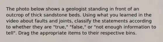 The photo below shows a geologist standing in front of an outcrop of thick sandstone beds. Using what you learned in the video about faults and joints, classify the statements according to whether they are "true," "false," or "not enough information to tell". Drag the appropriate items to their respective bins.