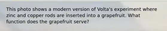 This photo shows a modern version of Volta's experiment where zinc and copper rods are inserted into a grapefruit. What function does the grapefruit serve?
