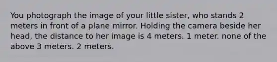 You photograph the image of your little sister, who stands 2 meters in front of a plane mirror. Holding the camera beside her head, the distance to her image is 4 meters. 1 meter. none of the above 3 meters. 2 meters.