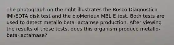 The photograph on the right illustrates the Rosco Diagnostica IMI/EDTA disk test and the bioMerieux MBL E test. Both tests are used to detect metallo beta-lactamse production. After viewing the results of these tests, does this organism produce metallo-beta-lactamase?