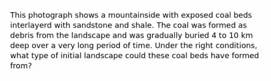 This photograph shows a mountainside with exposed coal beds interlayerd with sandstone and shale. The coal was formed as debris from the landscape and was gradually buried 4 to 10 km deep over a very long period of time. Under the right conditions, what type of initial landscape could these coal beds have formed from?