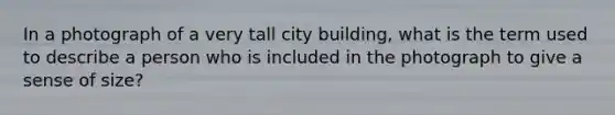 In a photograph of a very tall city building, what is the term used to describe a person who is included in the photograph to give a sense of size?