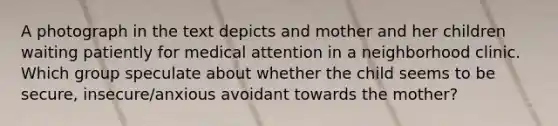 A photograph in the text depicts and mother and her children waiting patiently for medical attention in a neighborhood clinic. Which group speculate about whether the child seems to be secure, insecure/anxious avoidant towards the mother?