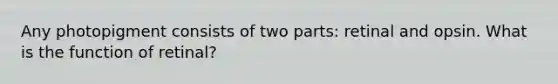 Any photopigment consists of two parts: retinal and opsin. What is the function of retinal?