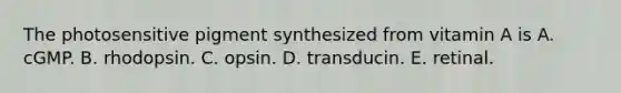 The photosensitive pigment synthesized from vitamin A is A. cGMP. B. rhodopsin. C. opsin. D. transducin. E. retinal.