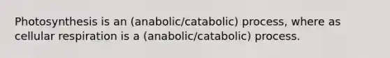 Photosynthesis is an (anabolic/catabolic) process, where as cellular respiration is a (anabolic/catabolic) process.