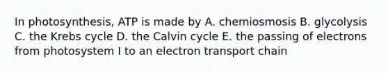 In photosynthesis, ATP is made by A. chemiosmosis B. glycolysis C. the <a href='https://www.questionai.com/knowledge/kqfW58SNl2-krebs-cycle' class='anchor-knowledge'>krebs cycle</a> D. the Calvin cycle E. the passing of electrons from photosystem I to an electron transport chain