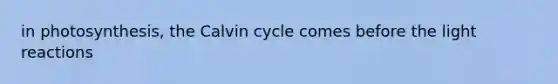 in photosynthesis, the Calvin cycle comes before the <a href='https://www.questionai.com/knowledge/kSUoWrrvoC-light-reactions' class='anchor-knowledge'>light reactions</a>