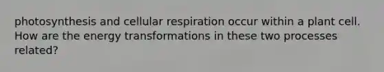 photosynthesis and cellular respiration occur within a plant cell. How are the energy transformations in these two processes related?