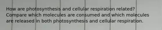 How are photosynthesis and cellular respiration related? Compare which molecules are consumed and which molecules are released in both photosynthesis and cellular respiration.