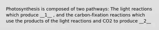 Photosynthesis is composed of two pathways: The light reactions which produce __1__ , and the carbon-fixation reactions which use the products of the light reactions and CO2 to produce __2__