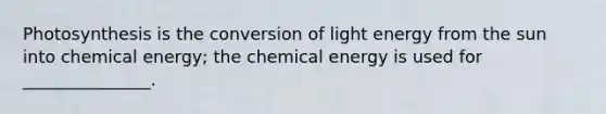 Photosynthesis is the conversion of light energy from the sun into chemical energy; the chemical energy is used for _______________.