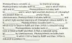 Photosynthesis converts a)_________ to chemical energy. Photosynthesis includes both b)__________ and in which H2O is split and d)______________. Photosynthesis includes both b)_____________ and in which light-excited electrons of chlorophyll are passed down e)_____________ producing g)___________ by chemiosmosis. Photosynthesis includes both b)_____________ and in which light-excited electrons of chlorophyll reduce NADP+ to f)________________. Photosynthesis includes both c)___________ in which CO2 is fixed to RuBP and then 3-PGA is reduced using f)__________. Photosynthesis includes both c)___________ in which CO2 is fixed to RuBP and then 3-PGA is reduced using g)__________ by chemiosmosis. Photosynthesis includes both c)___________ in which CO2 is fixed to RuBP and then 3-PGA is reduced to produce h)______________.