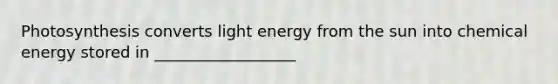 Photosynthesis converts light energy from the sun into chemical energy stored in __________________