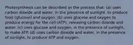 Photosynthesis can be described as the process that: (a) uses carbon dioxide and water, in the presence of sunlight, to produce food (glucose) and oxygen. (b) uses glucose and oxygen to produce energy for the cell (ATP), releasing carbon dioxide and water. (c) uses glucose and oxygen, in the presence of sunlight, to make ATP. (d) uses carbon dioxide and water, in the presence of sunlight, to produce ATP and oxygen.