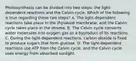 Photosynthesis can be divided into two steps: the light-dependent reactions and the Calvin cycle. Which of the following is true regarding these two steps? A. The light-dependent reactions take place in the thylakoid membrane, and the Calvin cycle takes place in the stroma. B. The Calvin cycle converts water molecules into oxygen gas as a byproduct of its reactions. C. During the light-dependent reactions, carbon dioxide is fixed to produce sugars that form glucose. D. The light-dependent reactions use ATP from the Calvin cycle, and the Calvin cycle uses energy from absorbed sunlight.