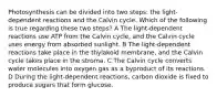 Photosynthesis can be divided into two steps: the light-dependent reactions and the Calvin cycle. Which of the following is true regarding these two steps? A The light-dependent reactions use ATP from the Calvin cycle, and the Calvin cycle uses energy from absorbed sunlight. B The light-dependent reactions take place in the thylakoid membrane, and the Calvin cycle takes place in the stroma. C The Calvin cycle converts water molecules into oxygen gas as a byproduct of its reactions. D During the light-dependent reactions, carbon dioxide is fixed to produce sugars that form glucose.