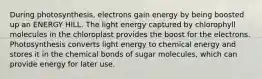 During photosynthesis, electrons gain energy by being boosted up an ENERGY HILL. The light energy captured by chlorophyll molecules in the chloroplast provides the boost for the electrons. Photosynthesis converts light energy to chemical energy and stores it in the chemical bonds of sugar molecules, which can provide energy for later use.