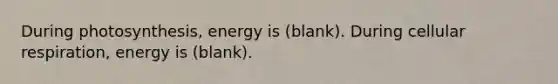 During photosynthesis, energy is (blank). During <a href='https://www.questionai.com/knowledge/k1IqNYBAJw-cellular-respiration' class='anchor-knowledge'>cellular respiration</a>, energy is (blank).