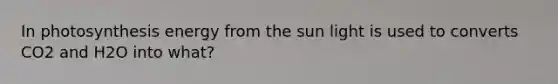 In photosynthesis energy from the sun light is used to converts CO2 and H2O into what?