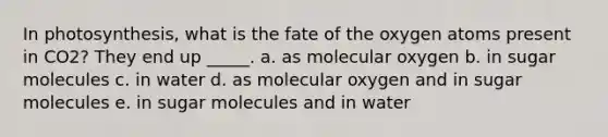 In photosynthesis, what is the fate of the oxygen atoms present in CO2? They end up _____. a. as molecular oxygen b. in sugar molecules c. in water d. as molecular oxygen and in sugar molecules e. in sugar molecules and in water