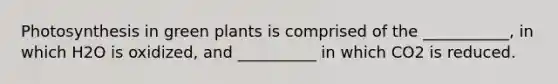 Photosynthesis in green plants is comprised of the ___________, in which H2O is oxidized, and __________ in which CO2 is reduced.