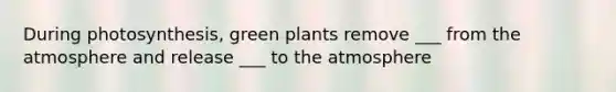 During photosynthesis, green plants remove ___ from the atmosphere and release ___ to the atmosphere