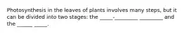 Photosynthesis in the leaves of plants involves many steps, but it can be divided into two stages: the _____-_________ _________ and the ______ _____.