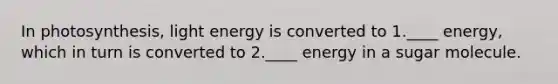 In photosynthesis, light energy is converted to 1.____ energy, which in turn is converted to 2.____ energy in a sugar molecule.