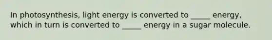 In photosynthesis, light energy is converted to _____ energy, which in turn is converted to _____ energy in a sugar molecule.