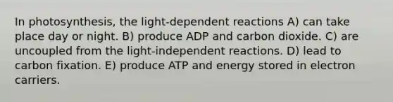 In photosynthesis, the light-dependent reactions A) can take place day or night. B) produce ADP and carbon dioxide. C) are uncoupled from the light-independent reactions. D) lead to carbon fixation. E) produce ATP and energy stored in electron carriers.