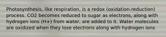 Photosynthesis, like respiration, is a redox (oxidation-reduction) process. CO2 becomes reduced to sugar as electrons, along with hydrogen ions (H+) from water, are added to it. Water molecules are oxidized when they lose electrons along with hydrogen ions