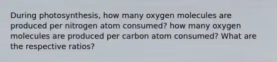 During photosynthesis, how many oxygen molecules are produced per nitrogen atom consumed? how many oxygen molecules are produced per carbon atom consumed? What are the respective ratios?