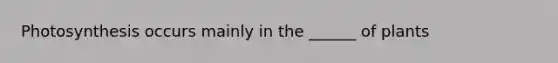 Photosynthesis occurs mainly in the ______ of plants