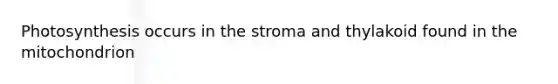 Photosynthesis occurs in the stroma and thylakoid found in the mitochondrion