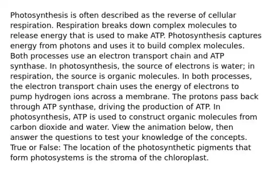 Photosynthesis is often described as the reverse of cellular respiration. Respiration breaks down complex molecules to release energy that is used to make ATP. Photosynthesis captures energy from photons and uses it to build complex molecules. Both processes use an electron transport chain and ATP synthase. In photosynthesis, the source of electrons is water; in respiration, the source is organic molecules. In both processes, the electron transport chain uses the energy of electrons to pump hydrogen ions across a membrane. The protons pass back through ATP synthase, driving the production of ATP. In photosynthesis, ATP is used to construct organic molecules from carbon dioxide and water. View the animation below, then answer the questions to test your knowledge of the concepts. True or False: The location of the photosynthetic pigments that form photosystems is the stroma of the chloroplast.