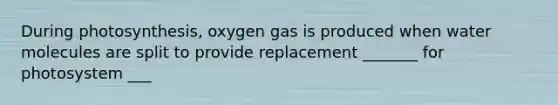 During photosynthesis, oxygen gas is produced when water molecules are split to provide replacement _______ for photosystem ___