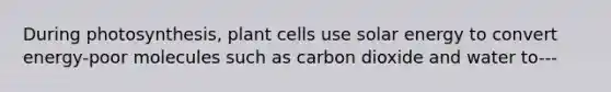 During photosynthesis, plant cells use solar energy to convert energy-poor molecules such as carbon dioxide and water to---